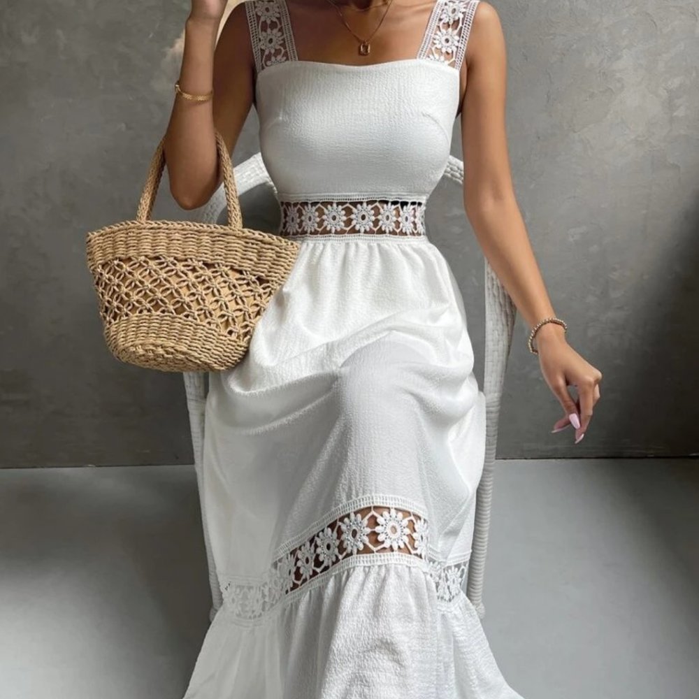 White Lace Insert Ruffle Hem Dress - Picture 3 of 6